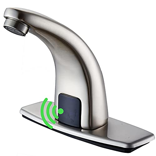 Greenspring Touchless Bathroom Sink Faucet Brushed Nickel Automatic Auto Sensor Deck Mount Solid Brass Bathroom Faucets Commercial Lavatory Faucet with Supply Line
