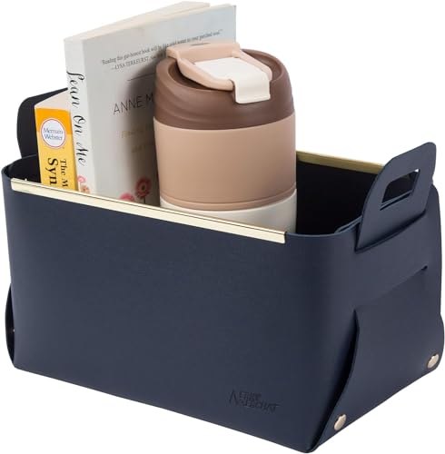 Image of Leather Portable Small Storage Basket for Desktop, Rectangle Decorative Box with Two Handles for Organizing, Storage Bin for Snack Sundries Cosmetics Stationery, 9.45''L5.5''W5.12''H (Navy)