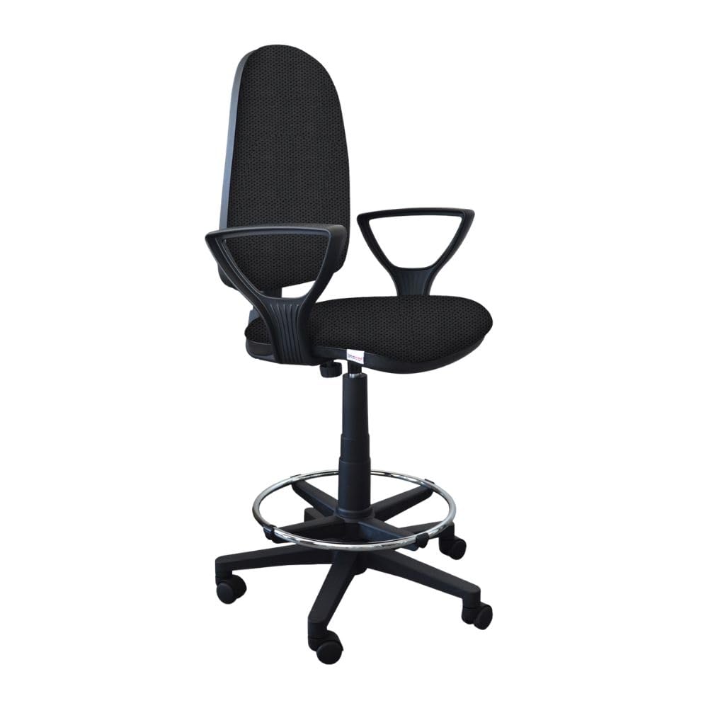 GALIZIA PRIME - Sgabello con Ruote e Braccioli Ergonomico con Base Poggiapiedi e Schienale a Contatto Permanente Adatto a Lunghi Orari di Lavoro (Tessuto, Grigio Lucido)