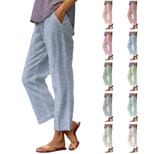 Striped Linen Pants for Women Plus Size Elastic Waist Straight Leg Cropped Trousers Summer Casual Beach Vacation Clothes