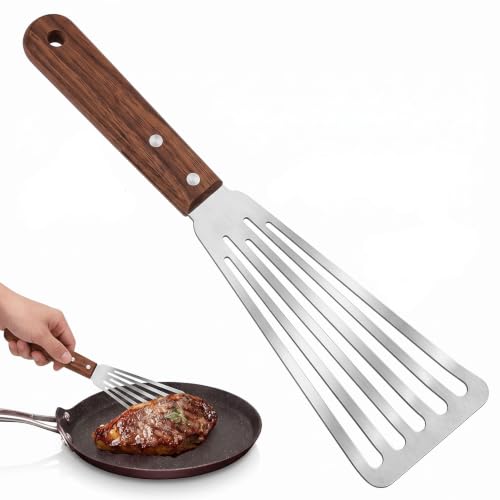 Fish Spatula Stainless Steel, Metal Spatula with Wooden Handle, BBQ Shovel, Professional Slotted No-Stick Fishs Spatulas, Fish Slice for Kitchen Cooking Frying Pancakes Burgers Flipping Eggs