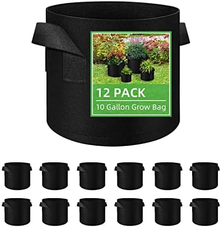 12 Pack Vegetable Grow Bags, Gardening Plant Growing Bags Breathable Non-woven Fabric Plant Pots with Handles Indoor & Outdoor Grow Containers for Vegetable/Flower/Plant/Fruits, 10 Gallon(Black)