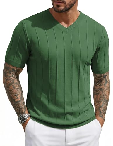 JMIERR Mens Knit Shirt Casual Short Sleeve V Neck T Shirts Ribbed Summer Slim Fit Tops XL Green
