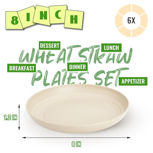 Image of 8In Kids Dinner Plates, 6PCS Wheat Straw Unbreakable Plates, Beige | Lightweight Kids Plates Reusable, Microwave and Dishwasher Safe for Kitchen, Daily Use