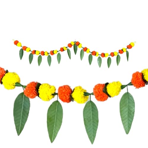 Image of LOVENSPIRE Marigold and Mango Leaf Door Toran (5 Ft.) Traditional Floral Garland Valance for Festival and Pooja Decor, Indian Bandarwal Hanging for Diwali, Weddings, and Housewarming Favors
