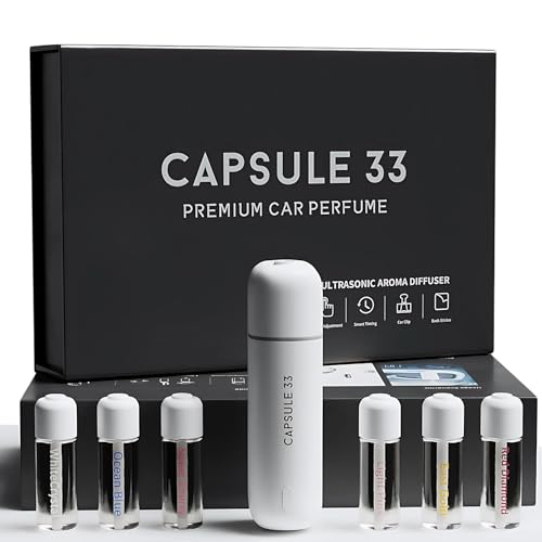 Capsule 33 Car Perfume Diffuser, (UPGADED) Air freshener, Waterless Diffuser, Smart Ultrasonic Air Freshener with 6 Premium Fragrances, Automatic (On/Off), Car Gift for Men and Women (Black)