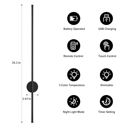 Image of Battery Operated Modern Wall Sconces, Dimmable Wireless Wall Light Set of Two with Remote Control, 3 Color Temperatures, Rechargeable LED Wall Sconce for Bedroom, Living Room, Hallway, 39.3 Inch Black