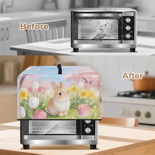 Image of Dustproof Microwave Oven Cover Dust Protection Protective Toaster Oven Cover Protector for Easter Decor, S, 18.25 x 14.5 x 11 Inches, Cartoon Rabbit Tulip Flower Pink