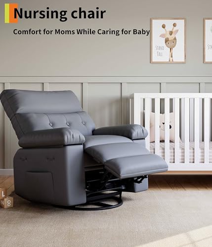 Image of GarveeHome Oversized Leather Recliner Chair - Heat and Massage, Swivel Rocker Manual Recliner for Adults, Lazy Rocking Chair with Comfort Arms and Back Single Sofa for Living Room
