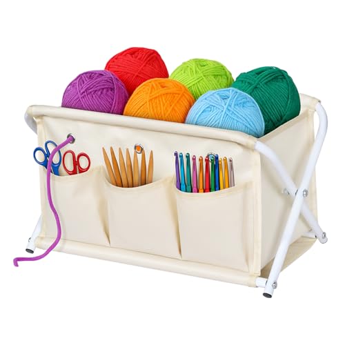 KEEGH Large Capacity Yarn Storage Organizer Installation-Free Yarn Caddy with 3 Pockets Crochet Bag Organizer for Crochet Hooks Knitting Needles Accessories