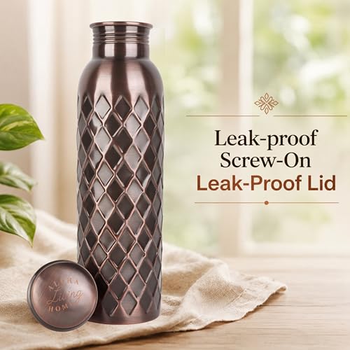Image of Pure Copper Water Bottle, Copper Drinking Bottle Diamond Cut, 32 oz Antique | 100% Pure Copper, Antique Diamond Cut Finish, Leak-Proof Cap, Ayurvedic use, Includes Cleaning Brush