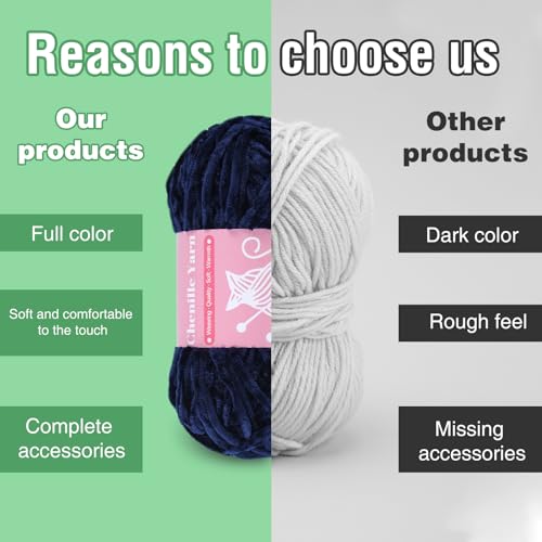 Image of LUNARM Chenille Yarn for Crochet Knitting Chunky Blanket Velvet Yarn | 3 Pack 3.5oz /100g 486 Yard Navy Blue Chenille Yarn for Beginners Knitting Scarves with Big Eye Needles Machine Washable