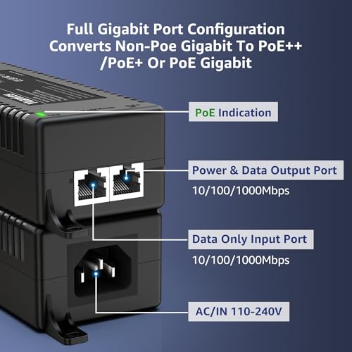 YuanLey Gigabit PoE Injector 60W, PoE++ Injector Converts Non-PoE to PoE++ Network, IEEE 802.3bt/at/af, 10/100/1000Mbps PoE Adapter Plug & Play, Distances Up to 325 Feet, Desktop/Wall-Mount - Image 2