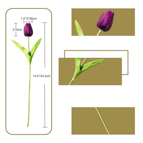 Image of ONLY ART Artificial Purple Tulips 20 Pcs - 13.5 Inch PU Faux Flowers with Bendable Stems for Home Decor, Wedding Centerpieces, DIY Floral Arrangements, New Year and Valentine's Day