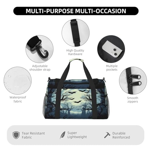 Travel Duffel Bag For Men Women, Halloween Moon Forest Tree Bats Carry On Sport Gym Bag With Shoulder Strap Lightweight Waterproof Weekender Bag Overnight Bag 5