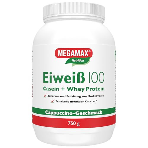 Megamax Eiweiss Cappuccino 750 g | Molkenprotein + Milcheiweiß Für Muskelaufbau | 2k-Eiweiss ideal zum Backen | hochwertiges Low Carb Eiweiß-Shake | aspartamfrei Protein-pulver mit Aminosäuren