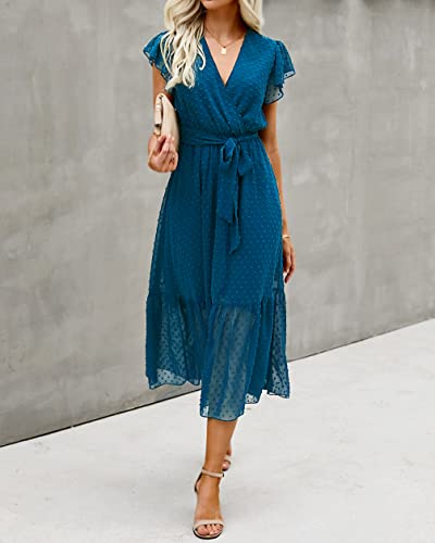 Image of BTFBM Women Summer Bohemian Floral Casual Wrap V Neck Ruffle Cap Sleeveless Belt A-Line Pleated Hem Midi Sun Dress White