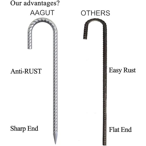 AAGUT 16 Inch Rebar Tent Stakes Heavy Duty J Hook Ground Anchors Galvanized Steel Metal Garden Stake Yard Landscape Spikes 8 Pack for Chain Link Fence, Canopy