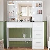 TEENFON Toeletta Trucco con Specchio e LED Luci, 3 con Luminosità Regolabile, Postazione Trucco con Presa di Corrente, 4 Cassetti, 4 Ripiani Aperti, 5 Ganci per Gioielli, Bianco