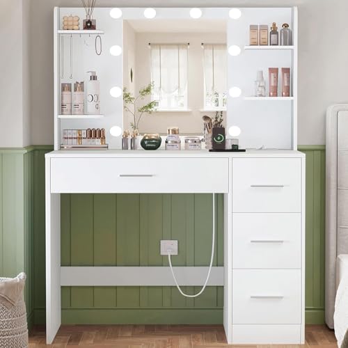 TEENFON Tocador, Tocador de Maquillaje con Luces y Espejo, Mesa de Maquillaje con Toma de Corriente, Mesa de Maquillaje con 4 Cajones, 4 Estantes Abiertos, 5 Ganchos de Joyería para, Blanco