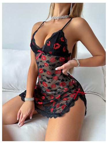 SOLY HUX Women's Lace Sheer Nightgown Sexy V Neck Slip Cami Dress Split Nightdress Sleepwear4