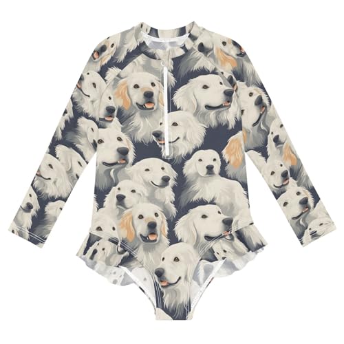 ALAZA Golden Puppy Dog Blue Girls One Piece Swimsuit Long Sleeve Rash Guard Swimsuits UV 50+ Swimwear Zipper