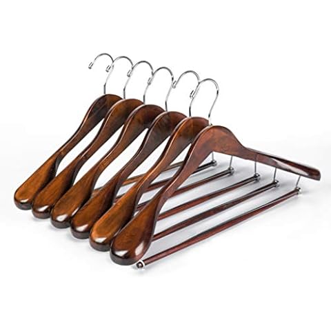 Luxury Wide Shoulder Wooden Hangers 6 Pack, with Locking Bar, Smooth Retro Finish Wood Suit Hanger Coat Hanger for Closet, Holds Up to 20lbs, 360° Swivel Hook, for Jacket, Dress Heavy Clothes Hangers Cover