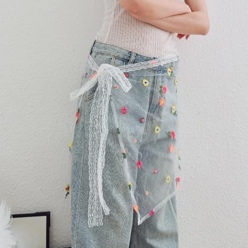 Women Korean Layering Mesh Half Skirt Hip Scarf Embroidery Colorful Flower Hip Covering Lace Up Bandage Apron Wrap Skirt3