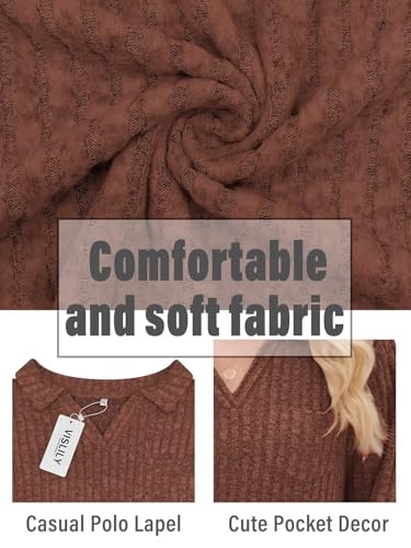 Image of VISLILY Womens-Plus-Size-Tops Collared V Neck Polo Shirts Lightweight Long Sleeve Sweaters Trendy Pocket Decor Tunic Blouses