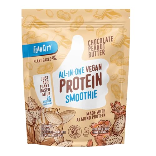 FlavCity Vegan Almond Protein Shake Powder, Chocolate Peanut Butter + Collagen Peptides, Reishi & Cordyceps - Focus, Skin, Hair & Joint Support - 100% Grass Fed Whey All in One Smoothie, 20 Servings
