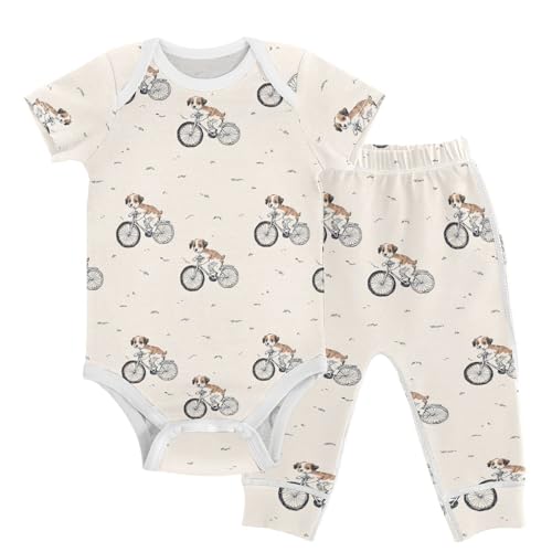 vvfelixl Baby Clothes Puppy Riding Bike Baby Bodysuits Set Unisex Short Sleeve Babys Pants Sets 0-3M