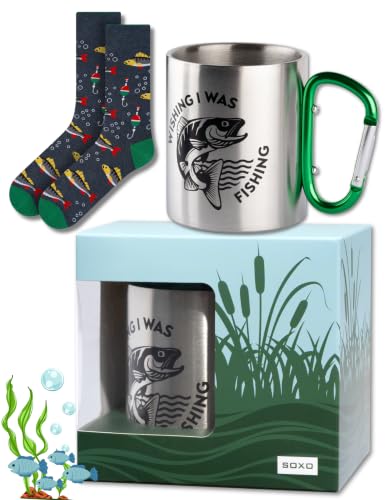 soxo Fischer Socken Geschenke Für Angler Baumwolle Angelsocken Herren Lustige Geschenk Männer 40-45 Socken 1 Paar + Tasse