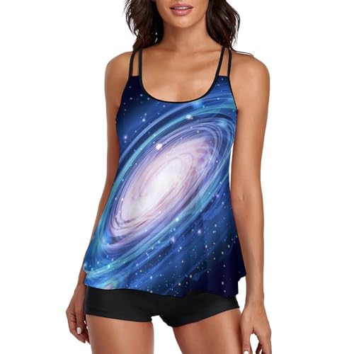 Maillot de bain tankini ensemble bikini galaxie bleu avec shorty et robe de plage femme