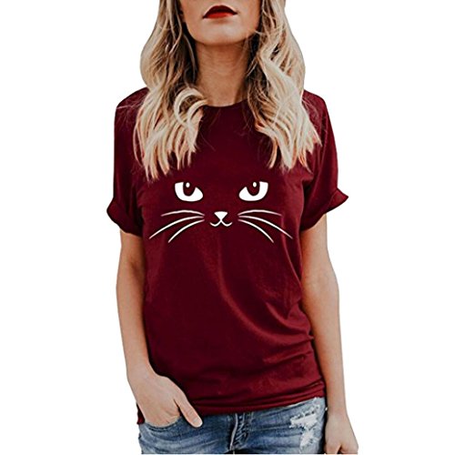 Yesmile Camiseta de Mujer Tops Negro Blusa Causal Ocasionales Camiseta Causal de Las Mujeres Ocasionales de Manga Corta O-Cuello Tops Gato Impreso (Vino A, XL)