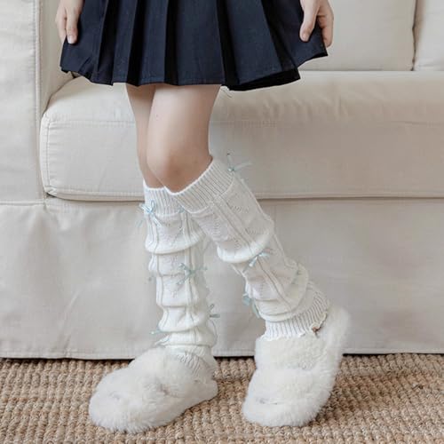 4 Pack Girls' Knitted Leg Warmers Knee High Calf Socks with Cute Bows, Soft Stretchy Warm Long Tube Socks4