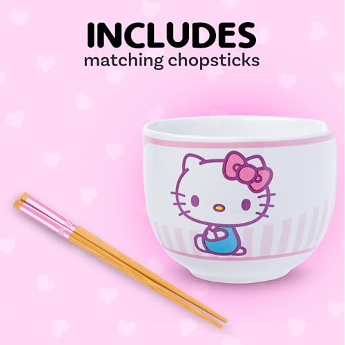 Image of Silver Buffalo Sanrio Hello Kitty Stripes, Ramen Bowl with Chopsticks, 20oz