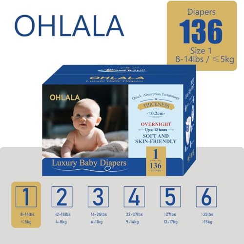 Image of OHLALA Luxury Diapers Size 1 136 Count 8-14 lbs Hypoallergenic Skin-Friendly & Leakproof Fragrance-Free Ultra-Thin 2 Pack