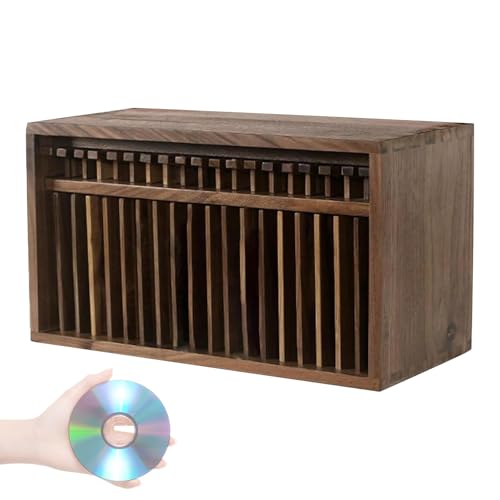 Estante de almacenamiento de CD – Soporte de madera para exhibición de álbumes con botón emergente, capacidad para 19 CD, soporte organizador de DVD vintage para decoración del hogar y salas de teatro