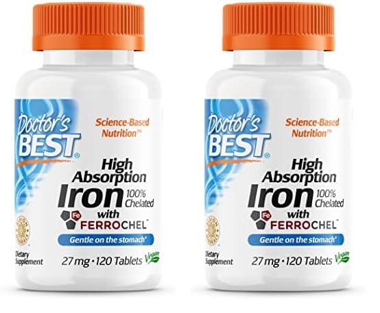 Doctor's Best High Absorption Iron Tablet with Ferrochel, Gentle on The Stomach, Immune Health, Blood Health, 27 mg (Pack of 2)
