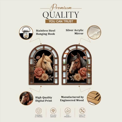 Image of Artvibes Royal Horse & Floral Decorative Wall Hanging | Jharokha Mirror Wall Hanging for Living Room, Hall, Bedroom, Lobby, Entrance & Office | Gift (WH 12004N), Set of 2