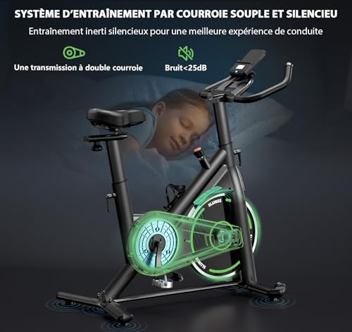 Velo d Appartement, SLUNSE Vélo d'Appartement connecté APPs avec Écran, Vélo d' Stationnaire pour la Maison avec Résistance Magnétique Réglable, Siège Moelleux et Réglage en Hauteur, Roulement 180KG – Image 5