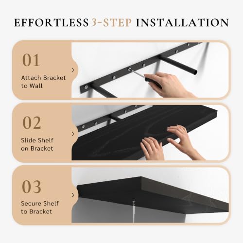 Image of 24 inch Extra Deep Floating Shelves, Set of 2, Black Finish | 24 inchL x 12 inchD x 1.8 inchH, Set of 2, Solid Paulownia Wood, Matte Black Finish, Hidden Brackets, Hardware Included