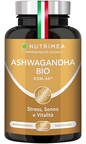 Ashwagandha Bio KSM-66 | Con il 5% di Witanolidi | 90 Capsule | Nutrimea | Ginseng Indiano da Withania somnifera | Ashwagandha Biologica Certificata | Alto Dosaggio