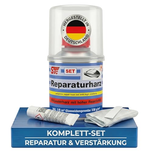 STC GFK Reparaturset 250 g Polyesterharz mit Härter & Glasfasermatte für Reparaturen von Boot Auto & Karosserie Profi Laminierharz inkl. Spachtel & Mischbecher Made in Germany