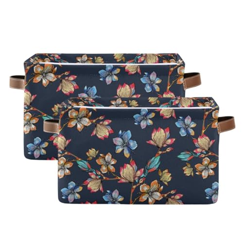 susiyo Botanical Floral Navy Blue Storage Bins Large Fabric Sorage Baskets for Shelves 2 Pack Foldable Decorative Closet Baskets with Handles for Organizing Shelf Clothes Home Office, 15x11x9.5Inches