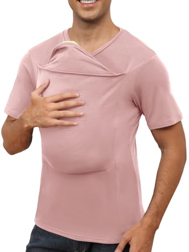 ThusFar Mens Baby Carrier Shirt Dad Shirt for Men Short Sleeve Baby Wearing T-Shirt V Neck Pocket Tee Shirts Pink XL