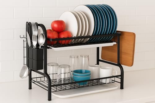 Genérico Escurridor de Platos de 2 Niveles, Organizador de Cocina con Bandeja y Soporte para Cubiertos, Negro y Blanco