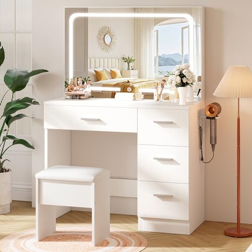 LIVELYGLOW Makeup Vanity Desk with Charging Station & LED Mirror – 35.4' Vanity Set with 4...