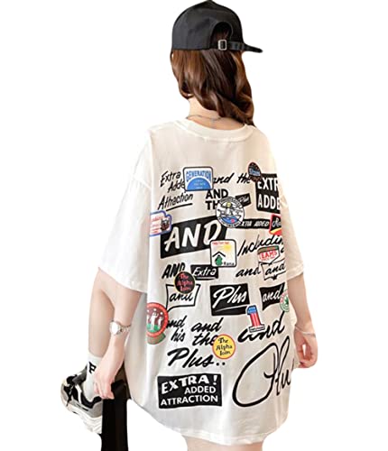 MMTYRM レディース 半袖Tシャツ ゆったり ロングT 韓国風 ティーシャツ 丸首 おしゃれ カットソー 英字付け ファッション 半袖 プルオーバー ストリート系 黒 白 XL