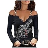 Spitze Langarm Top Damen Sexy Off Shoulder Langarmshirts Slim fit Shirt Pullover Lange Ärmel T-Shirt mit V-Ausschnitt 3D Grafischer Druck Oberteile Bluse Casual Mode Tunika für Frauen Mädchen